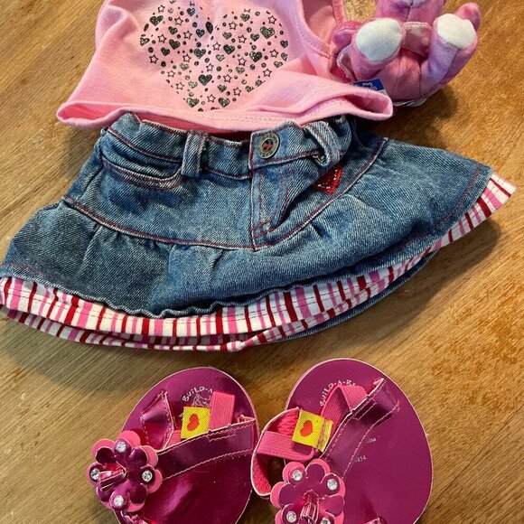 Build A Bear Outfit Pink Heart SHirt Jean Skirt Shoes - Picture 1 of 8